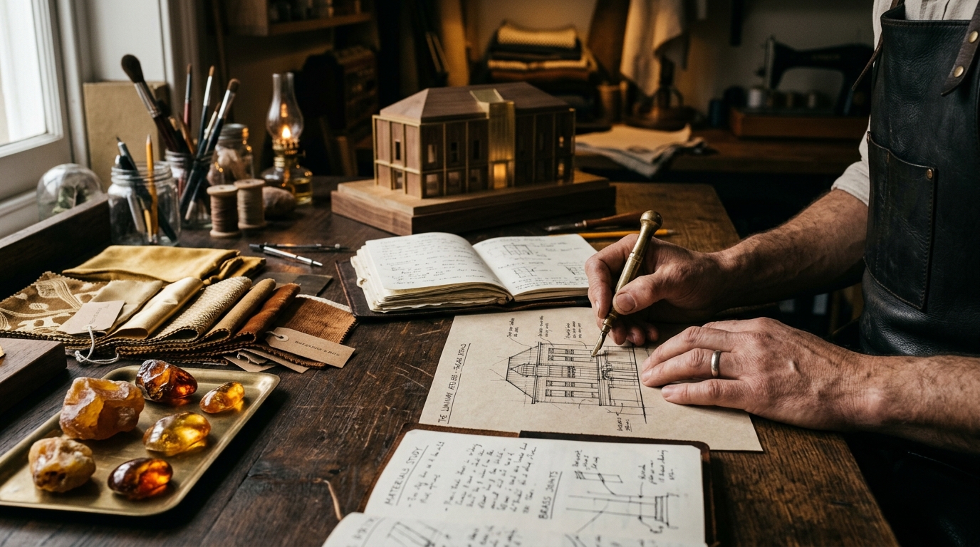 Établi d'atelier : croquis, échantillons d'ambre, tissus dorés et maquette architecturale
