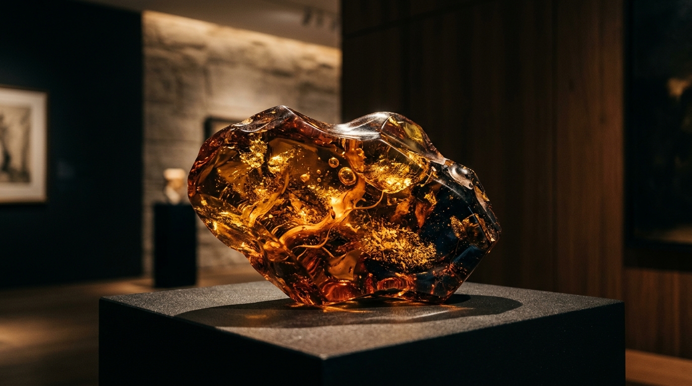 Sculpture d'ambre aux inclusions dorées sous lumière de musée